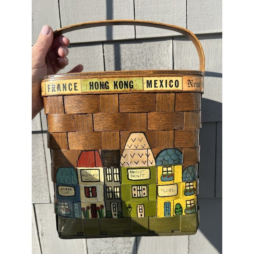 Vintage 80s 1982 Caro-Nan wooden handpainted basket purse California boho hippie - Picture 2 of 16
